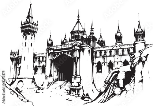 A powerful defensive fortress. The illustration expresses power and steadfastness. Hand drawn vector illustration