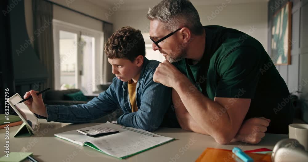 Tablet, help and father with kid in house with education, homework or school assignment. Teaching, learning and dad with boy child on digital technology for online mathematics class in apartment.