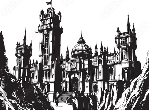 A powerful defensive fortress. The illustration expresses power and steadfastness. Hand drawn vector illustration