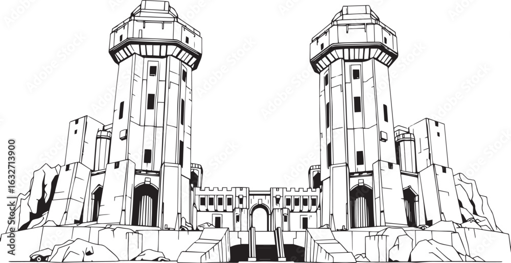 Obraz premium A powerful defensive fortress. The illustration expresses power and steadfastness. Hand drawn vector illustration