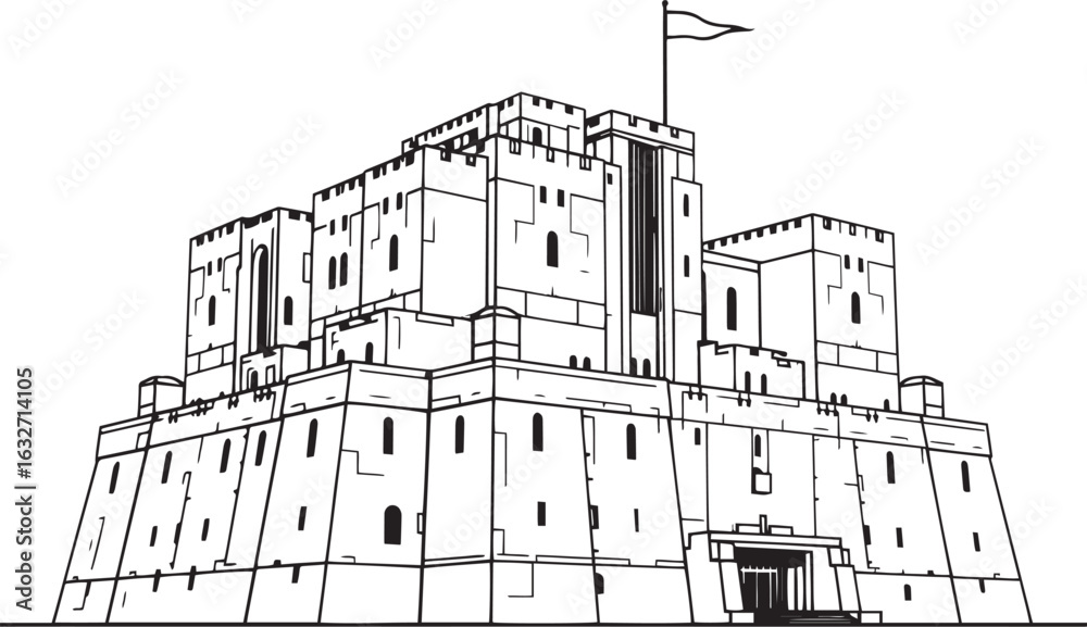 Obraz premium A powerful defensive fortress. The illustration expresses power and steadfastness. Hand drawn vector illustration