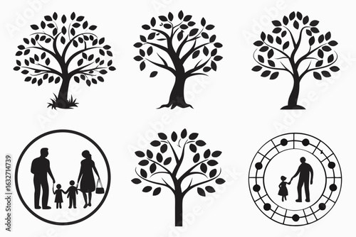 Set of stylized black trees and family silhouettes