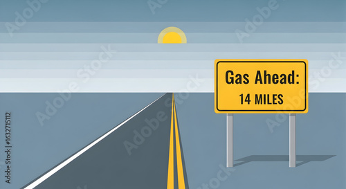 Desert Road With Signboard Indicating Availability Of Fuel In Next 14 Miles