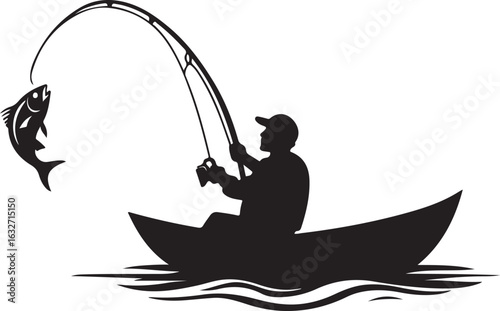 Fisherman in boat catches fish with fishing rod on water catching