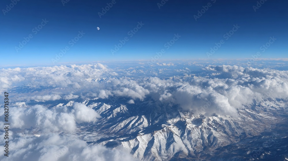 Naklejka premium Aerial view of snow-capped mountains, clouds, and a clear blue sky. Vast expanse of white clouds surrounding jagged mountain ranges. A lone moon is visible in the distant blue sky