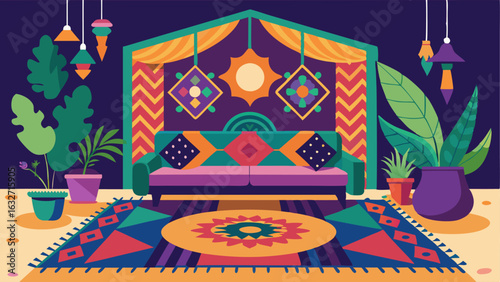 A large colorful rug with intricate patterns covers the floor bringing together different elements of the room such as a velvet couch woven tapestry and hanging plants.