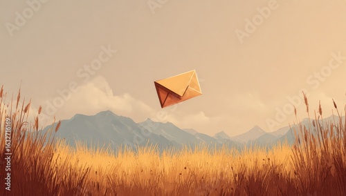 A stylized envelope floats above a golden field, against a muted mountain range