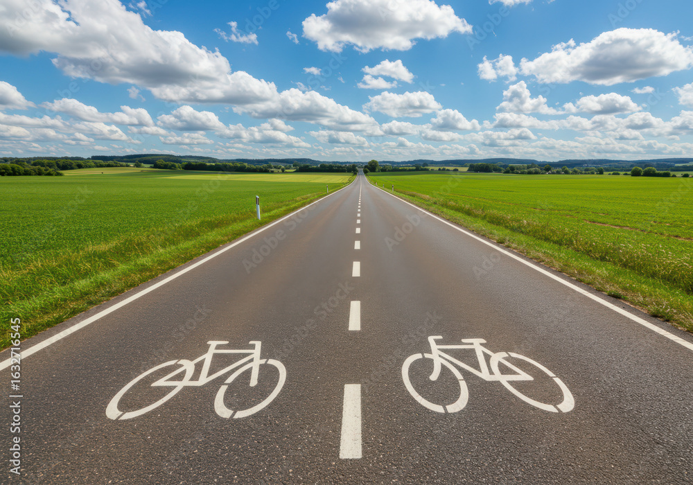 custom made wallpaper toronto digitalEmpty asphalt road with bicycle lane markings leading through green countryside under a cloudy blue sky