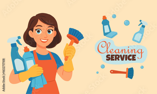 Cleaning Service Illustration. Housekeeping House cleaning vector illustration with women.