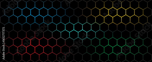 Dark hexagon abstract technology background with blue and green colored bright flashes under hexagon. Hexagonal gaming vector tech illustration black abstract background. vector EPS 10