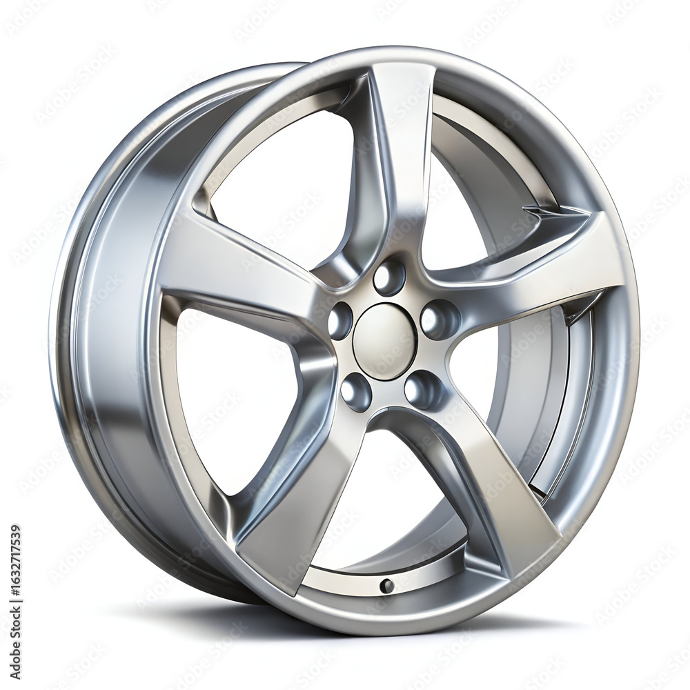 Fototapeta premium Single silver alloy car wheel with five spokes, isolated on white background
