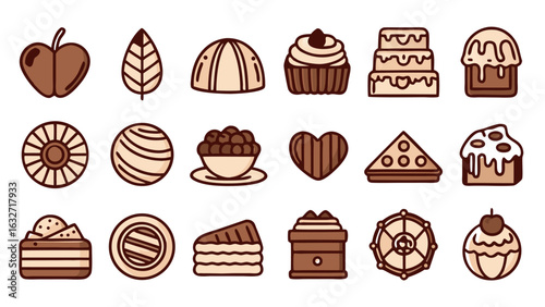 Delicious and Sweet Bakery Desserts Outline Icons Vector Set