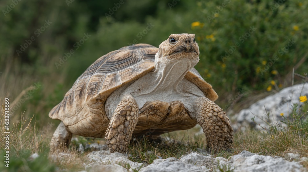 Naklejka premium A majestic tortoise in a natural setting, capturing its detailed appearance