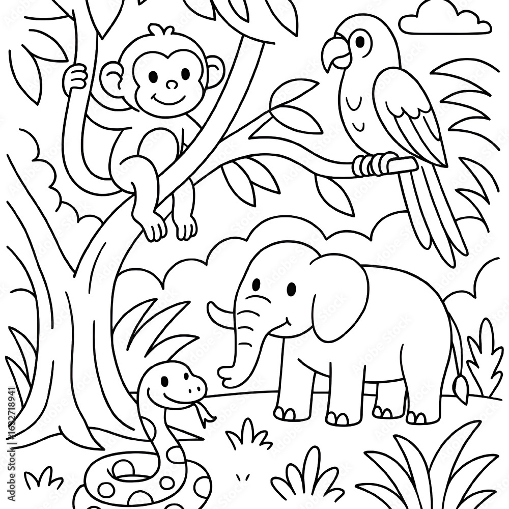 Obraz premium Jungle Safari Coloring Page – Monkey, Parrot, and Snake in Tree Scene