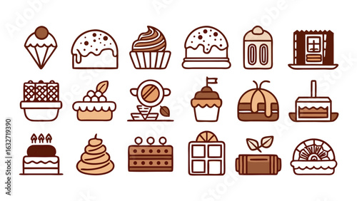Delicious and Sweet Bakery Desserts Outline Icon Set