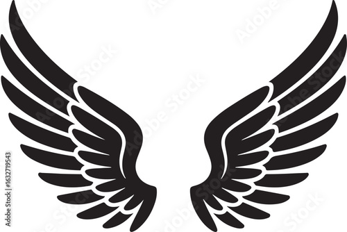A black vector illustration of a pair of wings. Stylized angelic or eagle wings icon for freedom and flight symbol. Graphic design element.