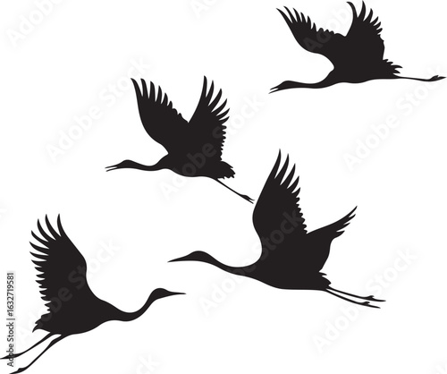 A graceful flock of crane bird silhouettes in flight, an elegant vector graphic collection isolated on a white background.