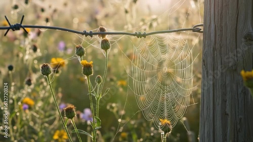 Morning dew glistens on spiderwebs in a field of wildflowers