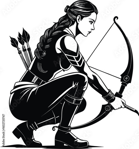Cartoon sketch illustration of an archer and a knight warrior with a sword