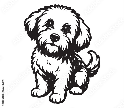 Cute Fluffy Puppy Dog Sitting | Black and White Poodle Style Pet Line Art Vector Illustration