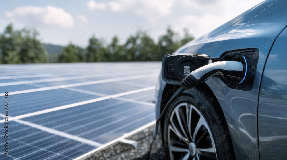 Fototapeta premium Electric vehicle charging at a solar power station with panels in the background