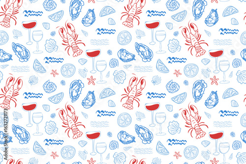 La Dolce Vita Seamless Pattern, Summer Picnic Lobster Food Wrap, Italian Kitchen Design, Cute Mediterranean Style.