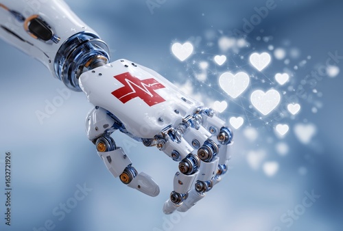 This image shows a highly detailed robotic hand featuring a medical emblem, exuding a warm and caring aura with floating hearts around it, symbolizing compassion in technology.