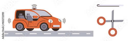 Orange autonomous car using sensors on a road with adjacent tech tools thumbs up scissors and a stylus. Ideal for innovation, mobility, AI, automation, smart devices, automotive technology