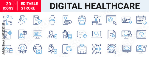 Digital healthcare and telemedicine web line icons. editable stroke. vector illustration. 