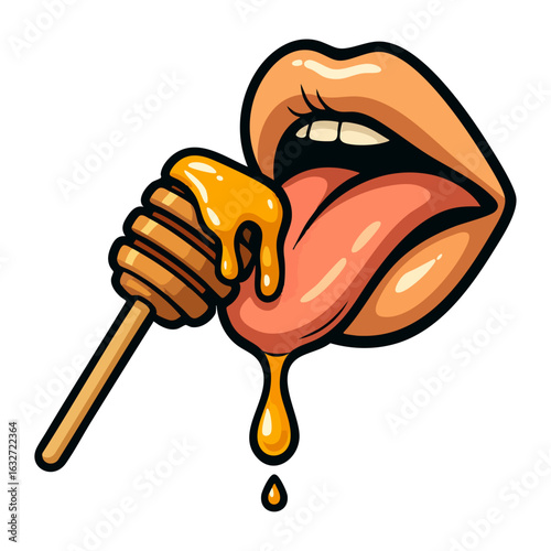 Sexy cartoon lips licking honey with dripping stick, pop art vector style on transparent background