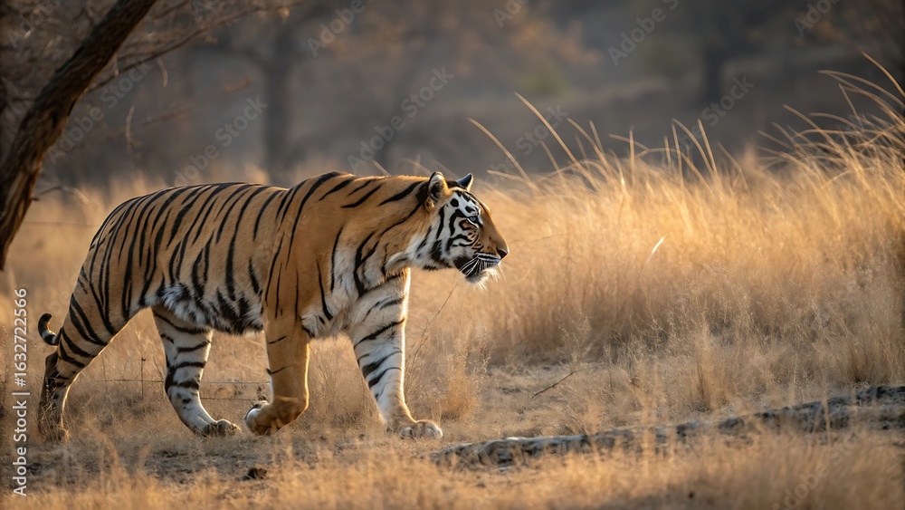 Obraz premium Majestic bengal tiger walking through tall golden grass at sunset