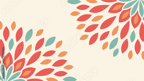 Colorful abstract floral pattern with leaf shapes in red orange and teal on cream background