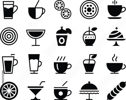 Beverage Icons Collection Featuring Various Drinks and Desserts Perfect for Menu Design and Culinary Illustrations
