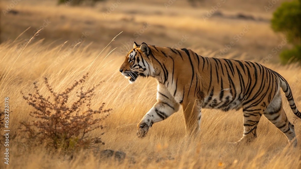 Fototapeta premium Majestic bengal tiger walking through dry grassland in natural habitat