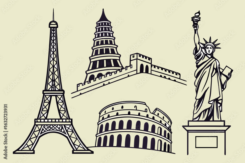 Obraz premium Iconic world landmarks collection featuring eiffel tower great wall statue of liberty and colosseum