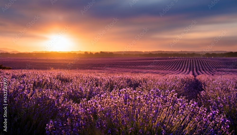 Obraz premium a serene field of vibrant purple lavender flowers bathed in the warm ethereal glow of the setting sun