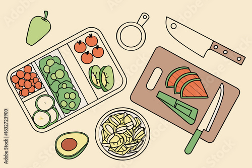 Flat lay illustration of healthy food preparation with fresh vegetables and fruits for a balanced meal