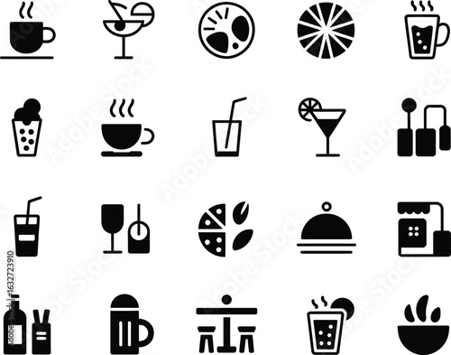 Assorted food and drink icon set providing a wide selection of culinary elements and symbols for restaurant related designs and illustrations