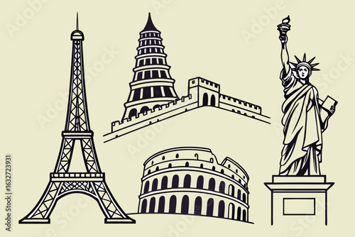 Iconic world landmarks collection featuring eiffel tower great wall statue of liberty and colosseum