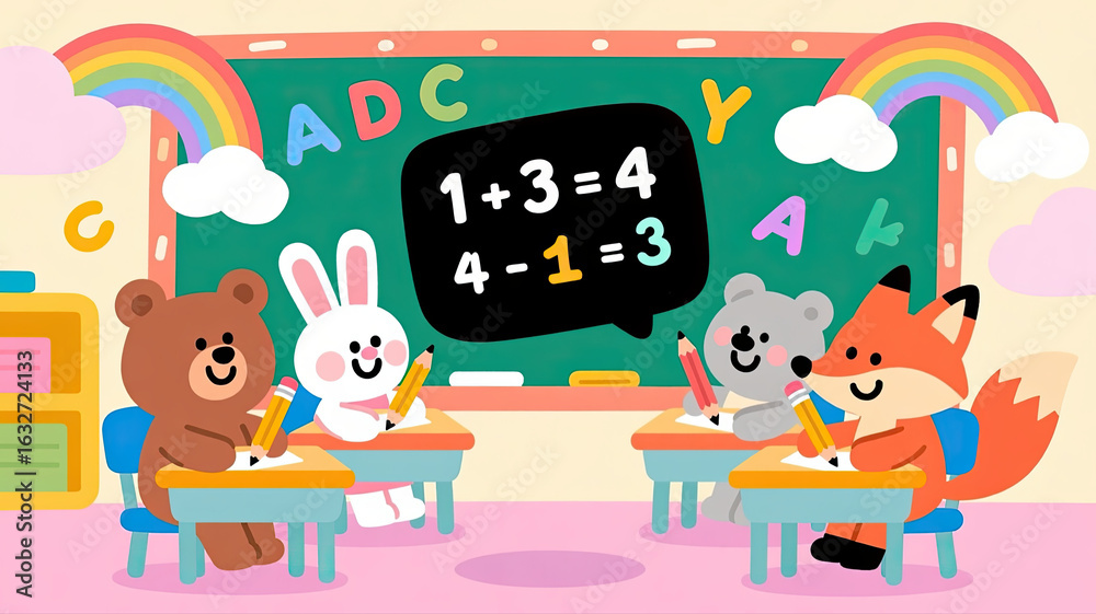 Cute animals learning math in a colorful classroom