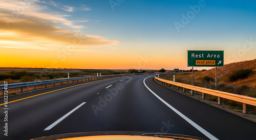 Driving Into The Sunset Towards Highway Rest Stop On A Scenic Road
