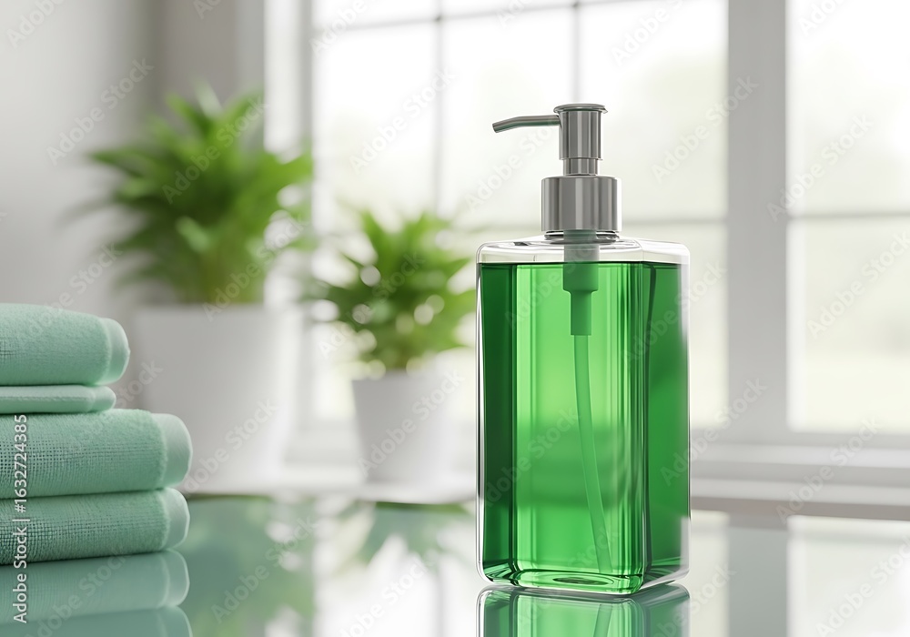 A clear glass dispenser filled with vibrant green liquid sits beside a stack of soft mint green towels A clear glass dispenser filled with vibrant green liquid sits beside a stack of soft mint green towels
