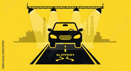 Driving Under The Spotlight On A Slippery Industrial Road Illustration