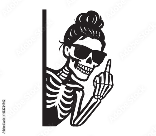 Sassy Skeleton Woman Flipping Middle Finger | Funny Gothic Line Art Vector Illustration