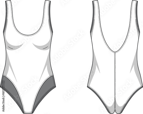 One-Piece Swimsuit Front and Back View, Cad Drawing Flat Vector Illustration