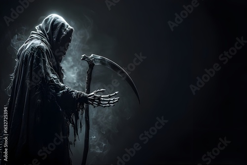 Spooky Grim Reaper Holding  in Gothic Darkness background.