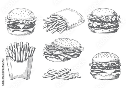 Vintage burger and fries illustration set in hand-drawn style. Hand drawn fast food elements featuring classic burgers and potato fries.