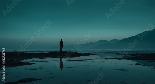 Silhouette of a man reflecting in still waters against a backdrop of mountains under a dusky teal sky landscape