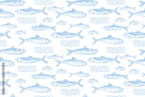 Sardines, fish, seafood, seamless pattern vector illustration, hand drawn sketch