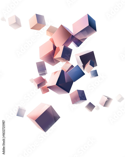 Floating abstract 3D cubes with gradient colors, for modern design. Isolated on transparent background, png